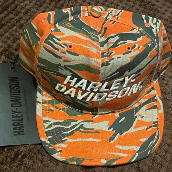 HARLEY DAVISON ADJUSTABLE CAMO HAT ORANGE GREEN RACING SNAPBACK BIKER CAP HARLEY - Picture 9 of 10